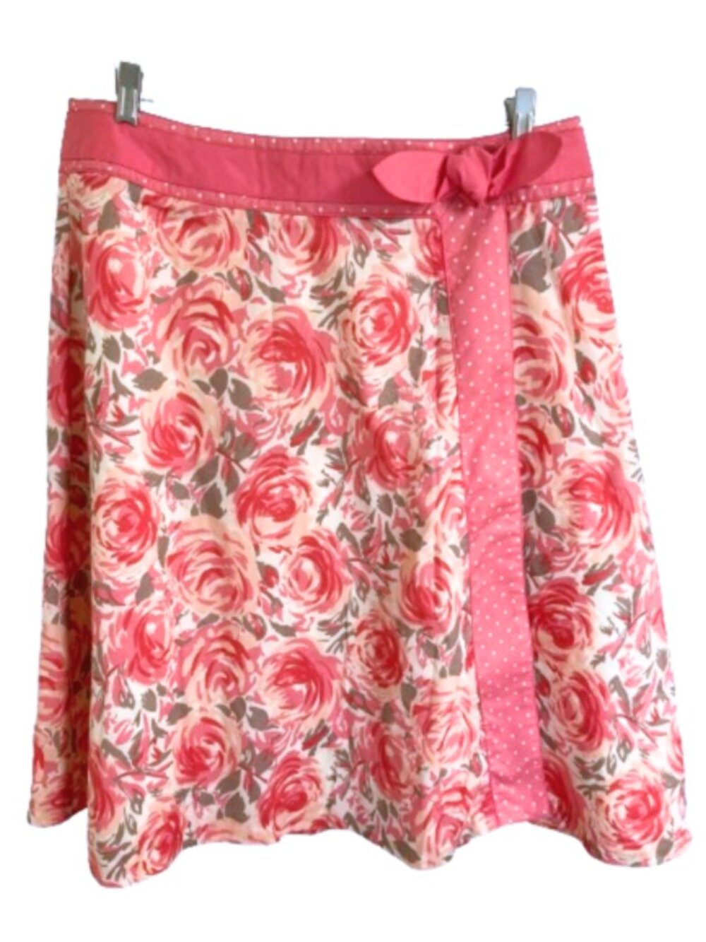 Boden Floral Rose Print Faux Wrap A-Line Skirt Pink Polka Dot Bow Lined, sz 16L